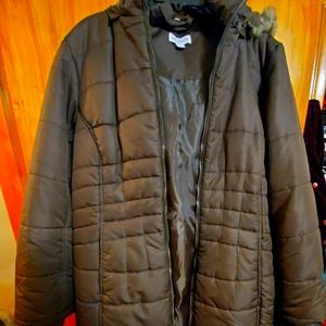 Susan Graver Size XL Womens Brown Quilted Jacket Removable Faux Fur Hood